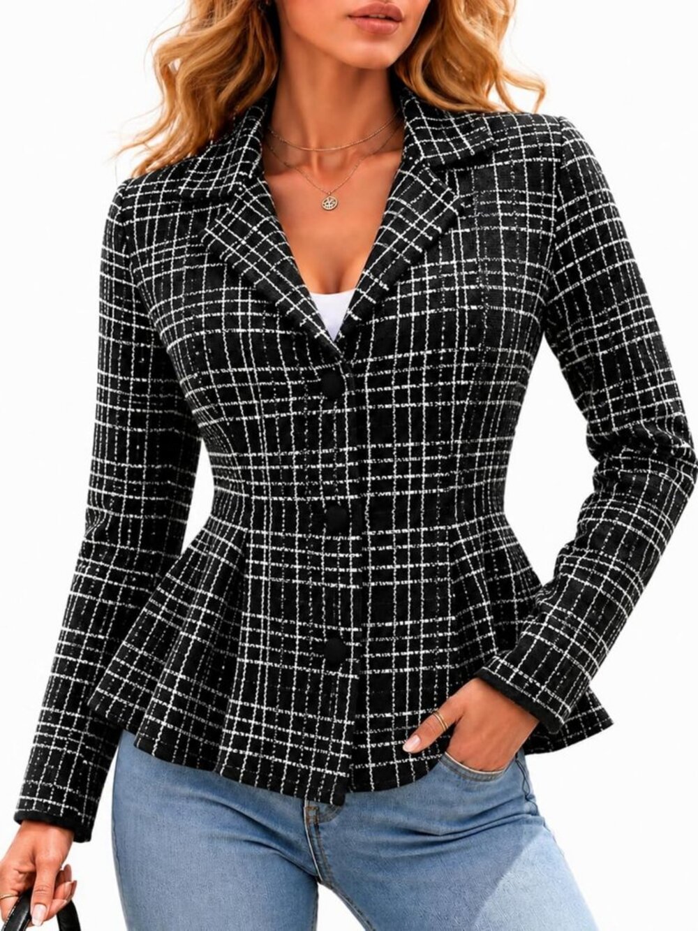 Chic Women's Plaid Peplum Sweater Blazer Cardigan Jacket - Stylish Layering